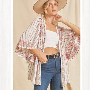 Nwot Savanna Jane Multicol Boho Aztec Floral Embroidered Open Front Kimono 1x/2x